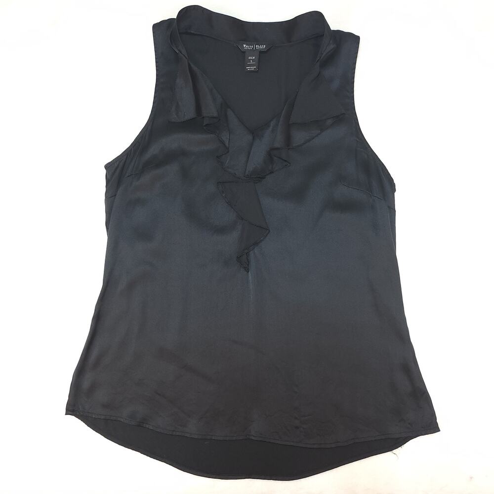 Black Silk Ruffle Sleeveless Blouse Womens Large V Neck Lightweight WHBM